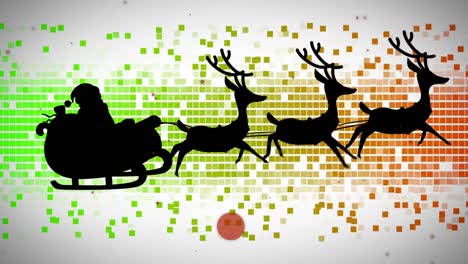 Santa-claus-in-sleigh-being-pulled-by-reindeers-against-mosaic-squares-on-grey-background