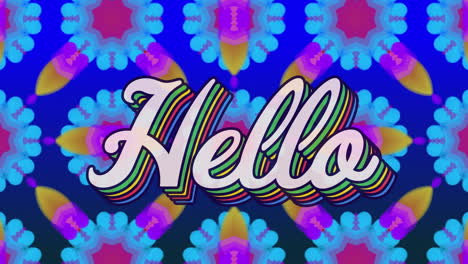 animation of hello text banner with rainbow shadow effect against kaleidoscope pattern background