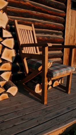 rustic cabin porch with firewood stack and chair