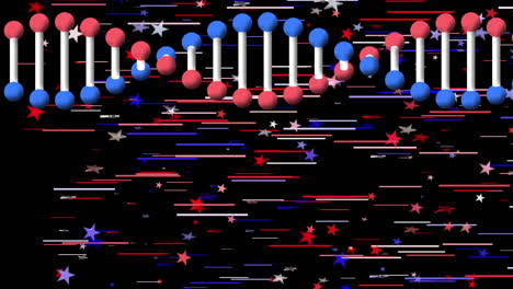 animación de la cadena de adn giratoria sobre estrellas y puntos rojos, blancos y azules que caen