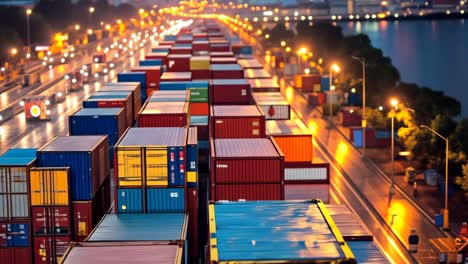 colorful shipping containers lined up at a bustling port at night