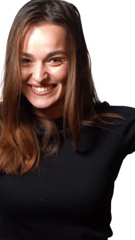 happy woman with shopping bags. young woman with shopping on white background. vertical video