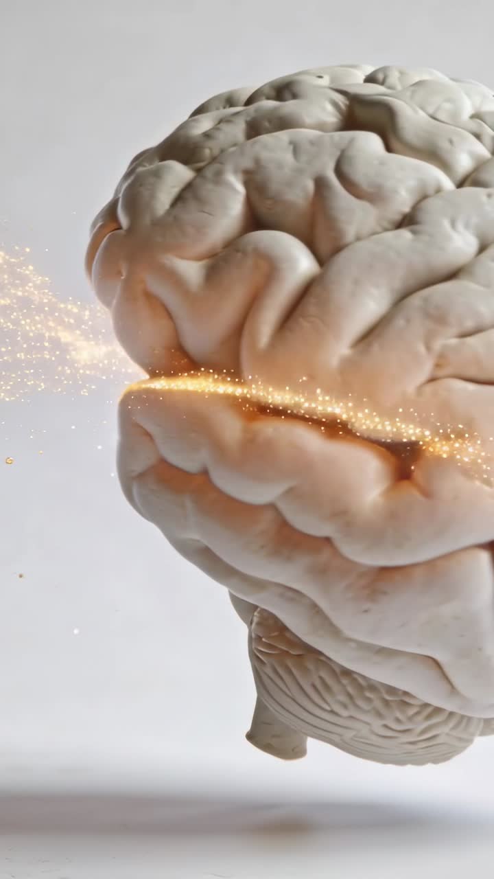 Spostamento della telecamera che avvia un cervello rotante fluttuante, con un alone e una scia dorata che tracciano la linea mediana per uno studio sulla salute.