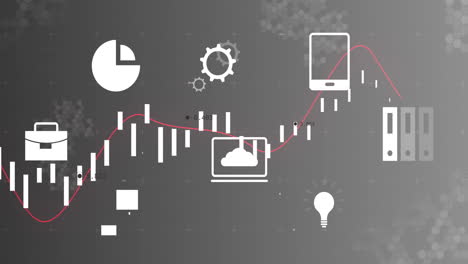 financial data analysis animation with icons of charts, gears, and technology devices