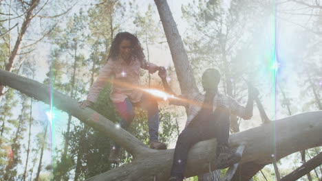 sitting on tree branch, two people enjoying sunlit forest and nature's animation