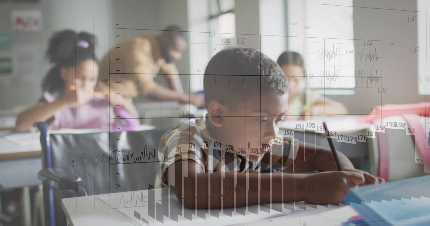 Boy writing with pencil in class for classwork sequence advancing creating animated bars over desk