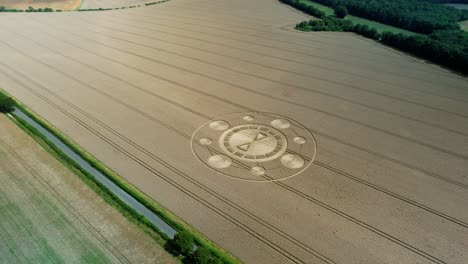 Swarraton barley field rural crop circle pattern aerial view high left orbit