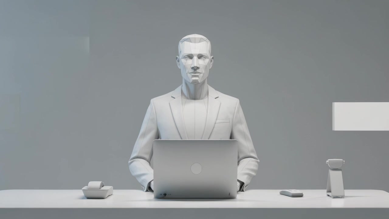 Starting subtle lean, sculpted figure checking laptop and typing behind desk in studio, in suit