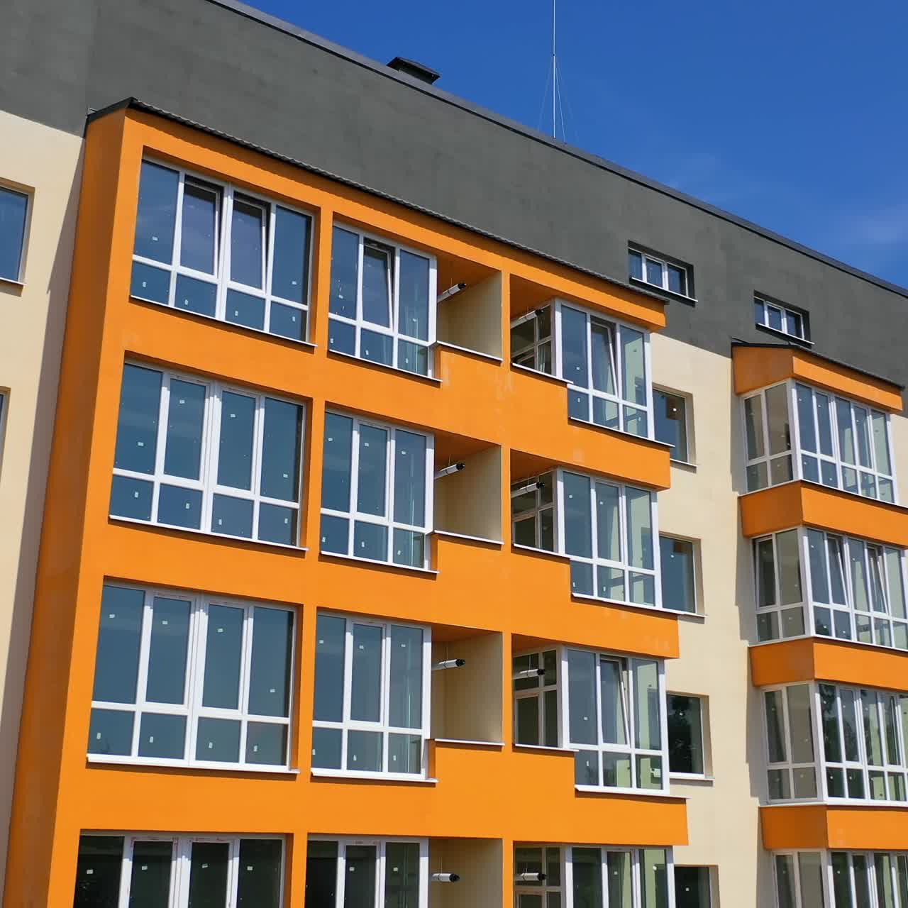 Modern highrise apartment house. Drone view above of new apartment building