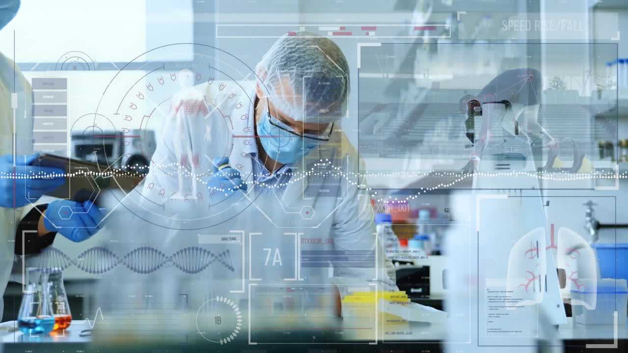 animación de procesamiento de datos sobre científico caucásico haciendo un experimento