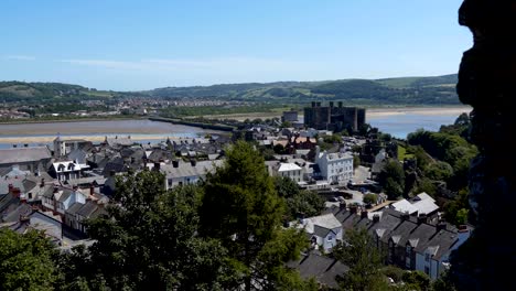 high angle panning shot of town conwy conway in wales