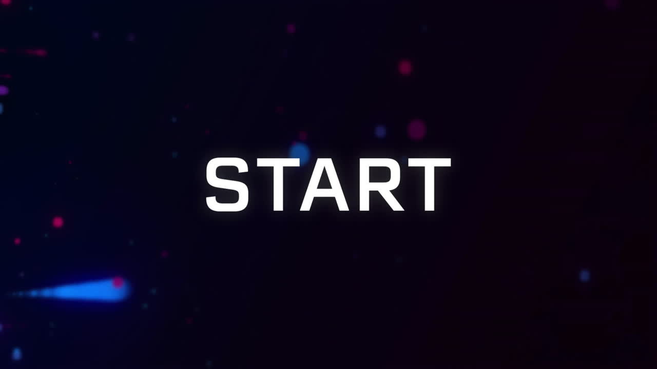 START text animation over dark background with scattered red and blue dots