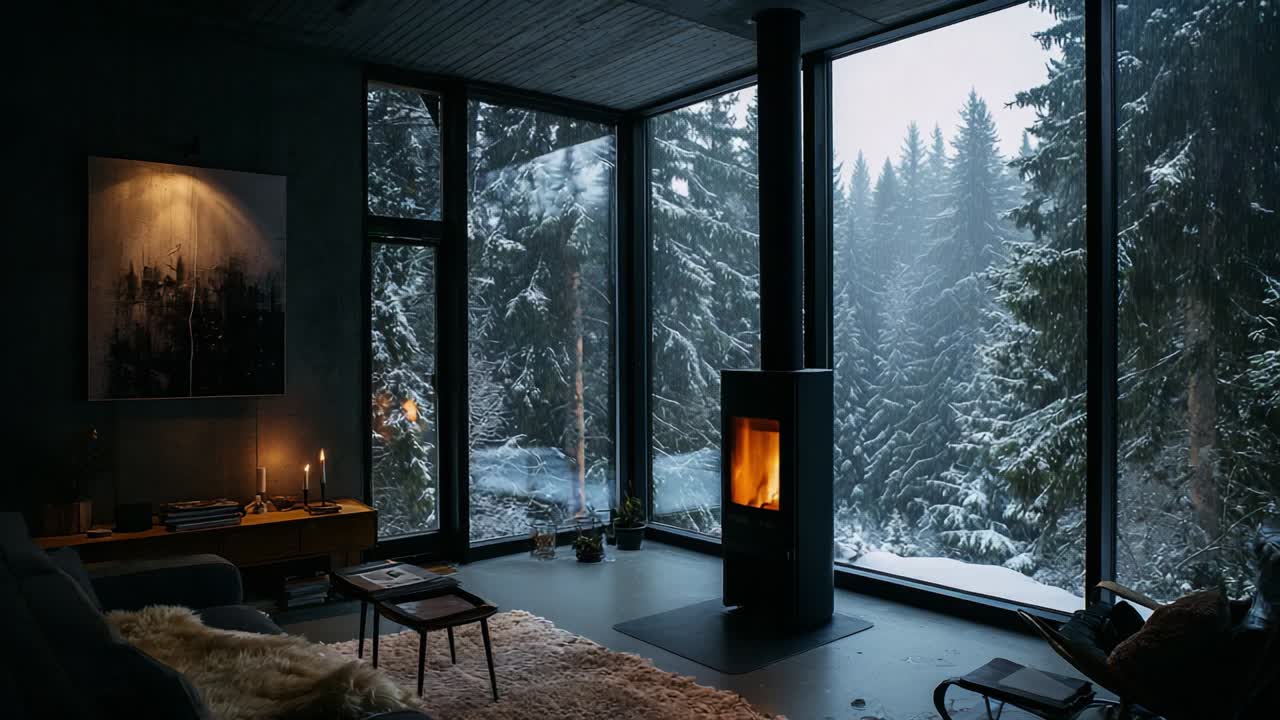 A Cozy Winter Retreat Showcasing a Modern Living Room with a View of Snow-Covered Pines, Featuring a Warm Fireplace and Inviting Soft Textiles, Perfect for Relaxation Amidst a Scenic Winter Wonderland