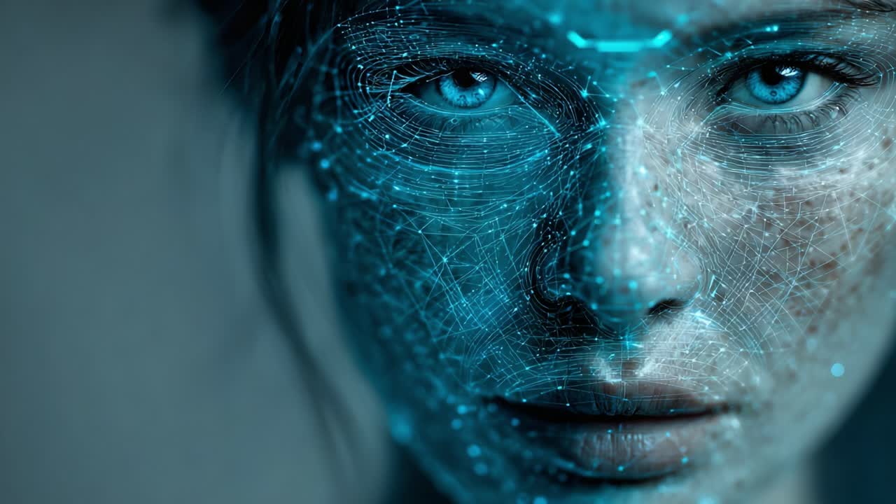A Captivating Glimpse into the Intersection of Humanity and Technology: A Portrait of a Woman's Face Enhanced by Futuristic Digital Patterns and Light Effects