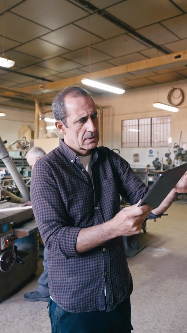 Uomo di mezza età che tiene un tablet e indica in un'officina.