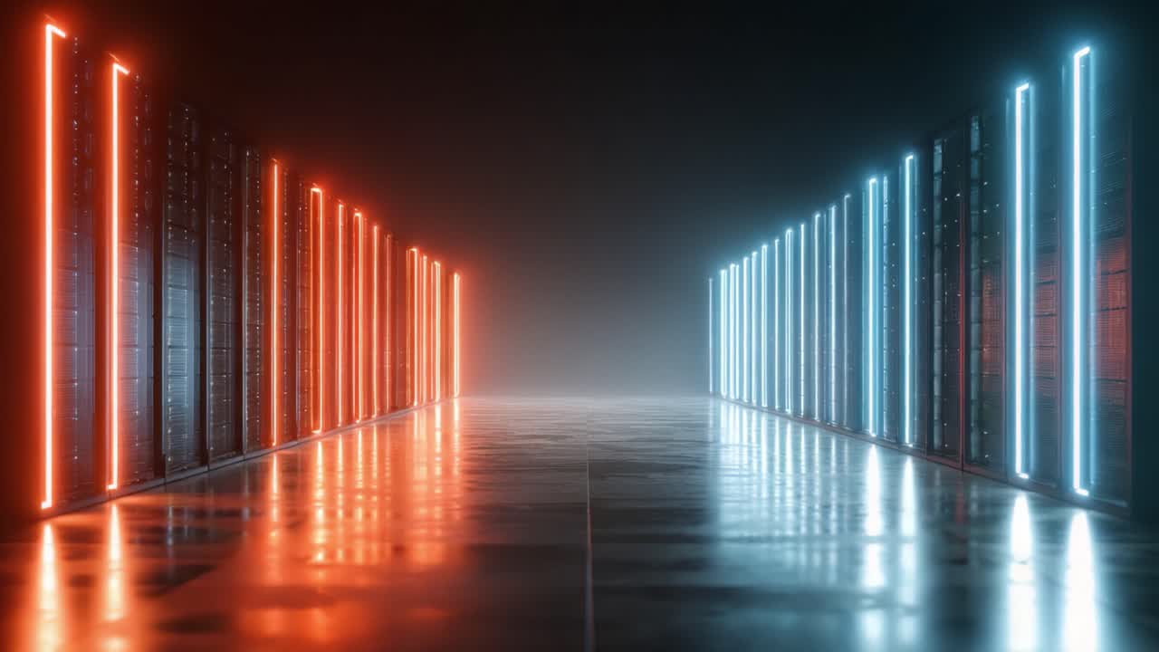 En imponerende visuel fremstilling af et højteknologisk datacenter med oplyste serverracks i kontrasterende røde og blå farver, der viser et futuristisk digitalt miljø.