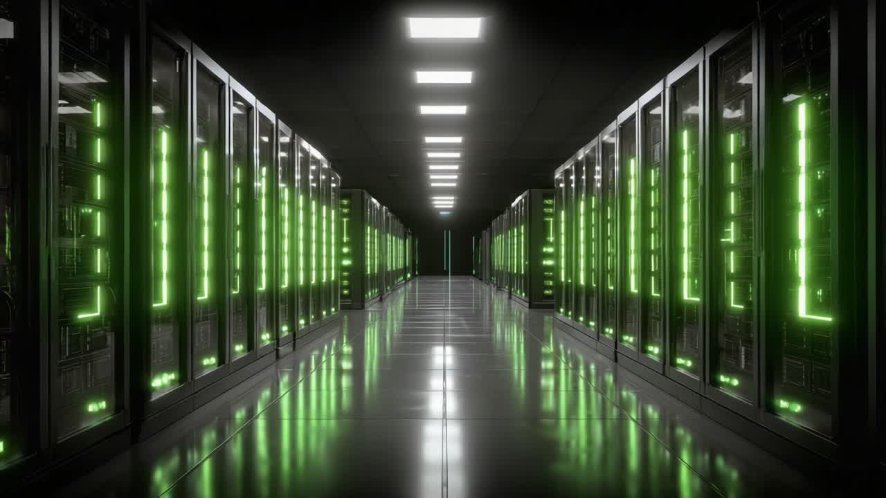 Oplyste rækker af dataservere i et moderne datacenter, med elegante sorte serverracks og grønne LED-lys, der fremhæver det højteknologiske digitale miljø.