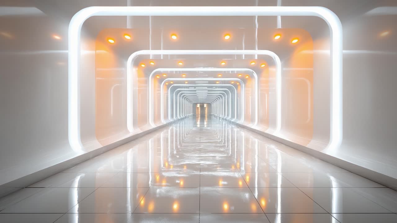 A Futuristic Corridor: Exploring an Aesthetically Pleasing Tunnel with Modern Lighting Effects and a Sleek, Reflective Floor Surface Evoking a Sense of Innovation and Design