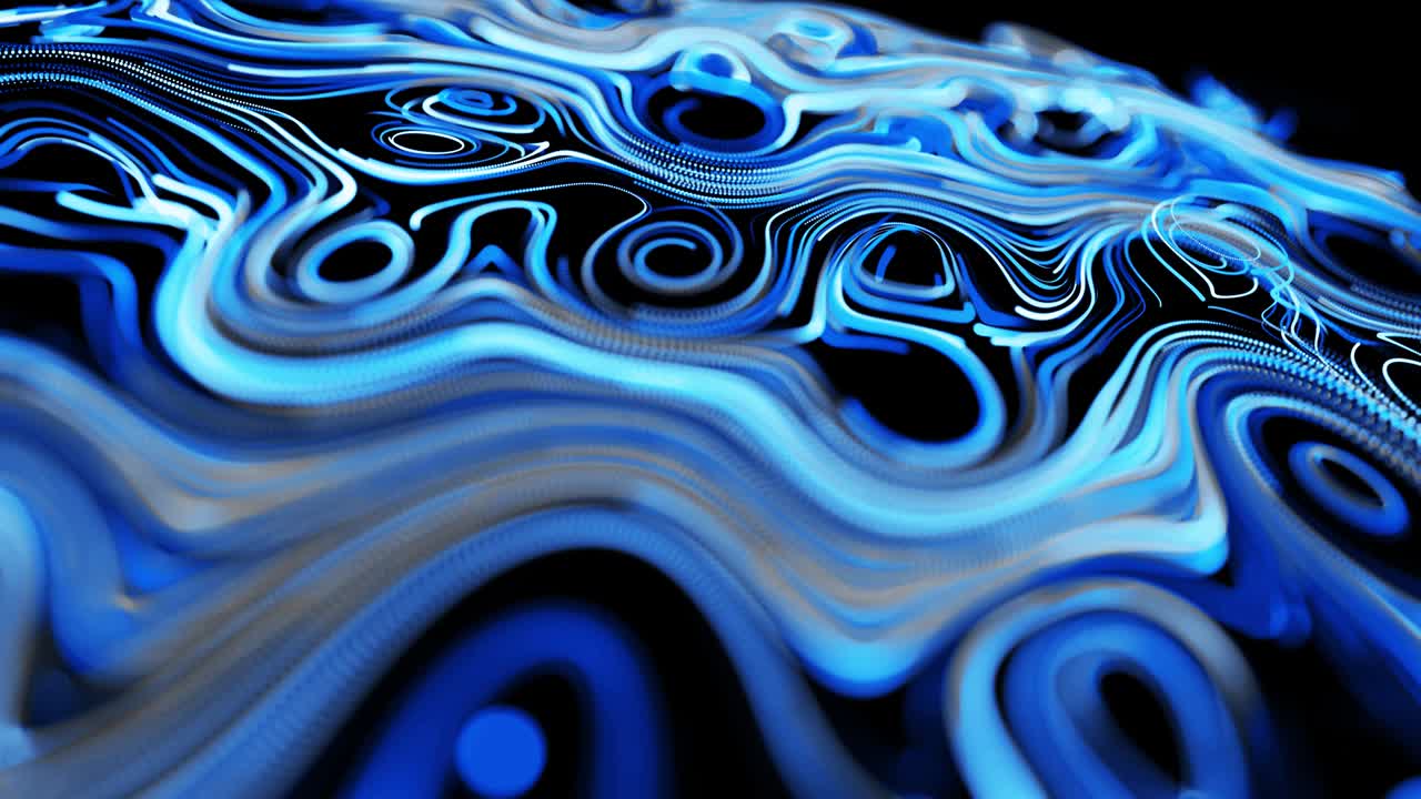 Abstract 3d looped background with lines form swirling pattern like curle noise with light streaks. Flow of particles forms curled lines like blue glow trails. Beautiful swirls of lines as abstract bg