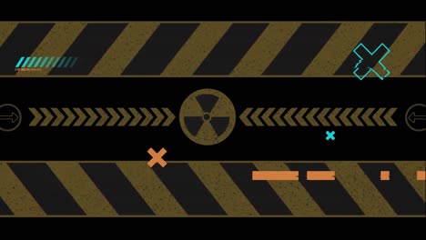 animation of moving shapes and nuclear symbol over black background