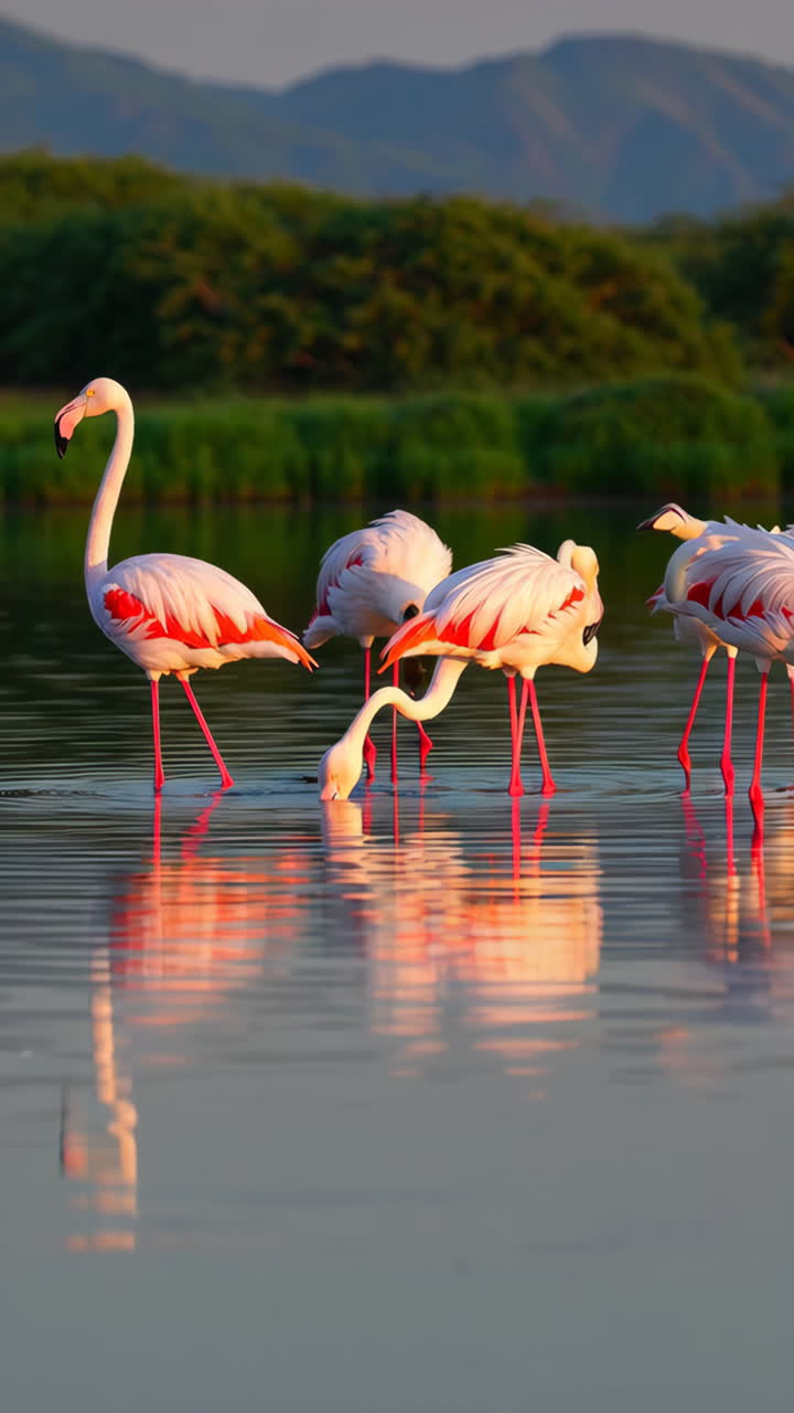 Flamingos in a tranquil lake at sunset or sunrise