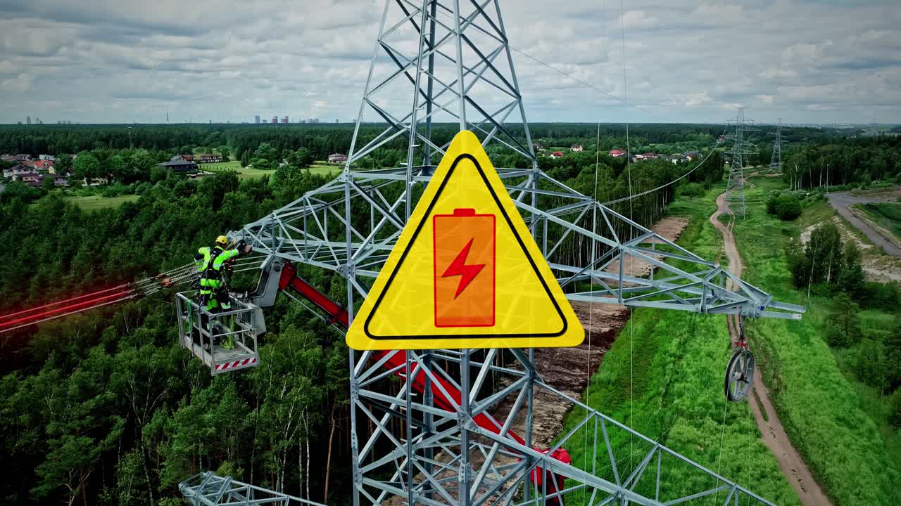 Lineman repairing transmission cables after blackout with no electricity symbol