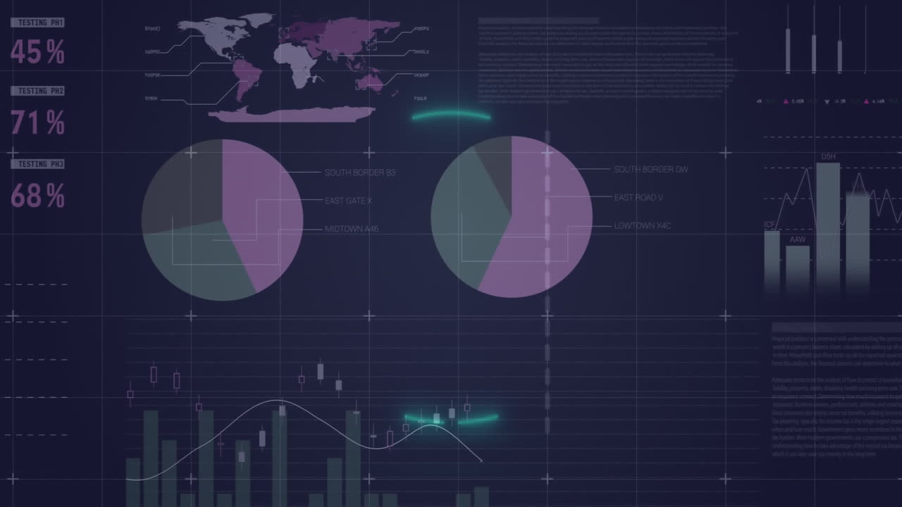 animación de un escáner redondo de neón sobre el procesamiento de datos estadísticos contra un fondo azul
