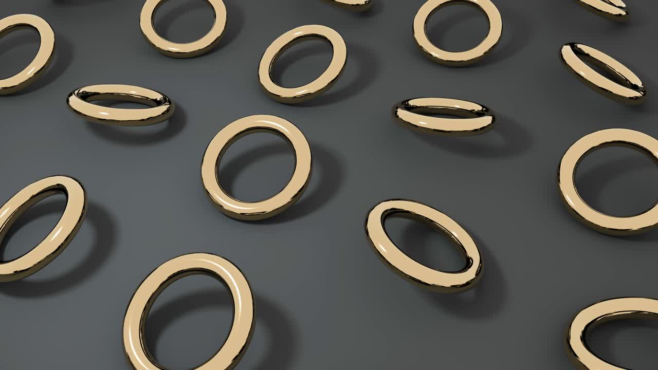 3D gold torus rotating on dark surface. Abstract creative 4k seamless loop animation.