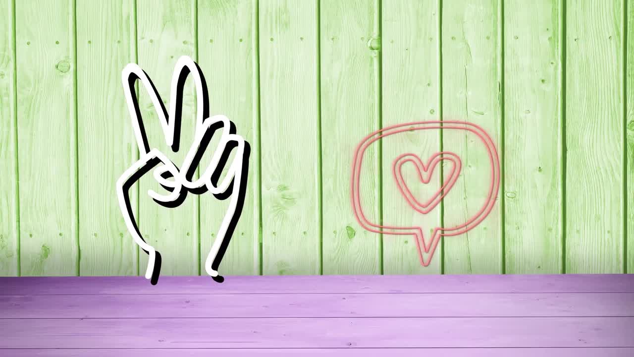 animación de la burbuja de habla con el icono del corazón y el signo de la victoria
