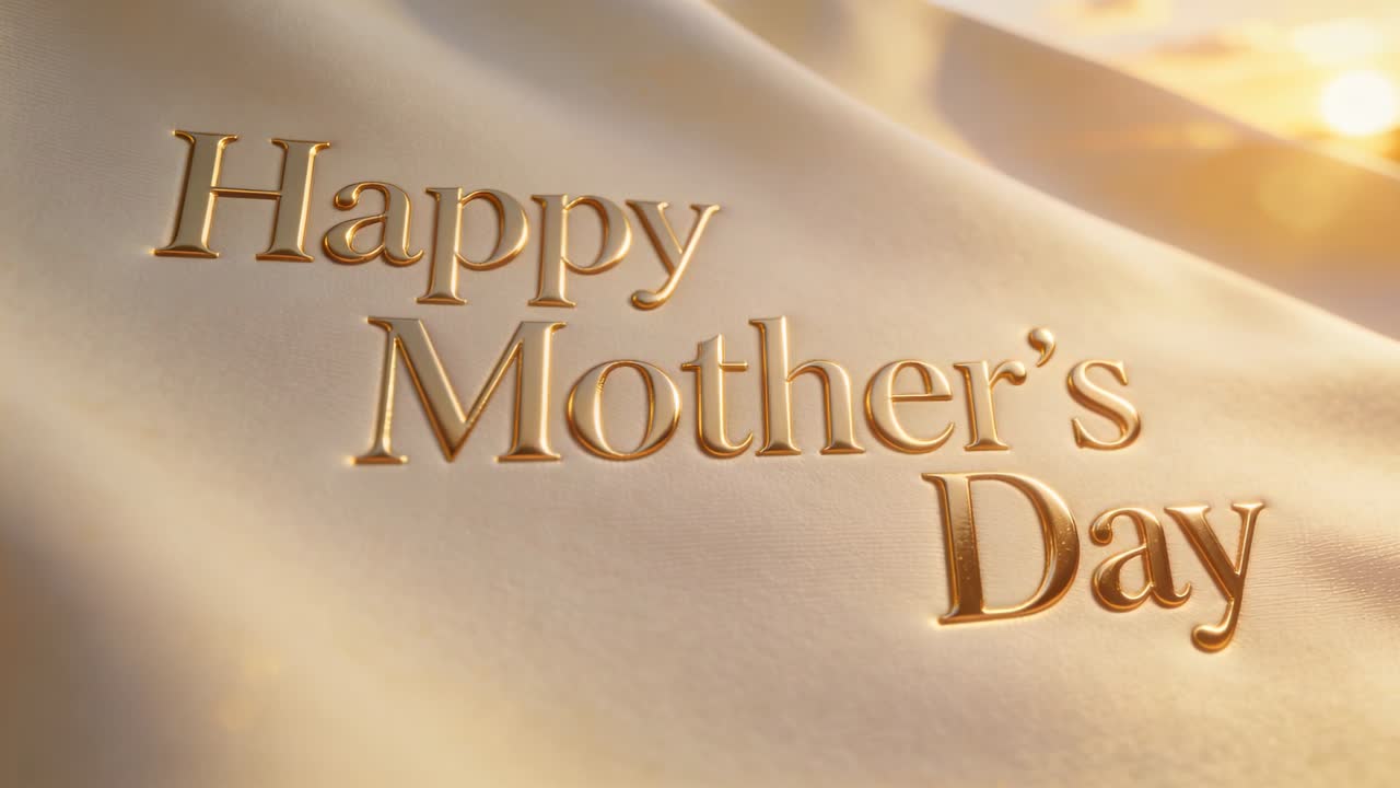 Revealing embossed metallic gold Happy Mother's Day text on satin for greeting, camera moving right