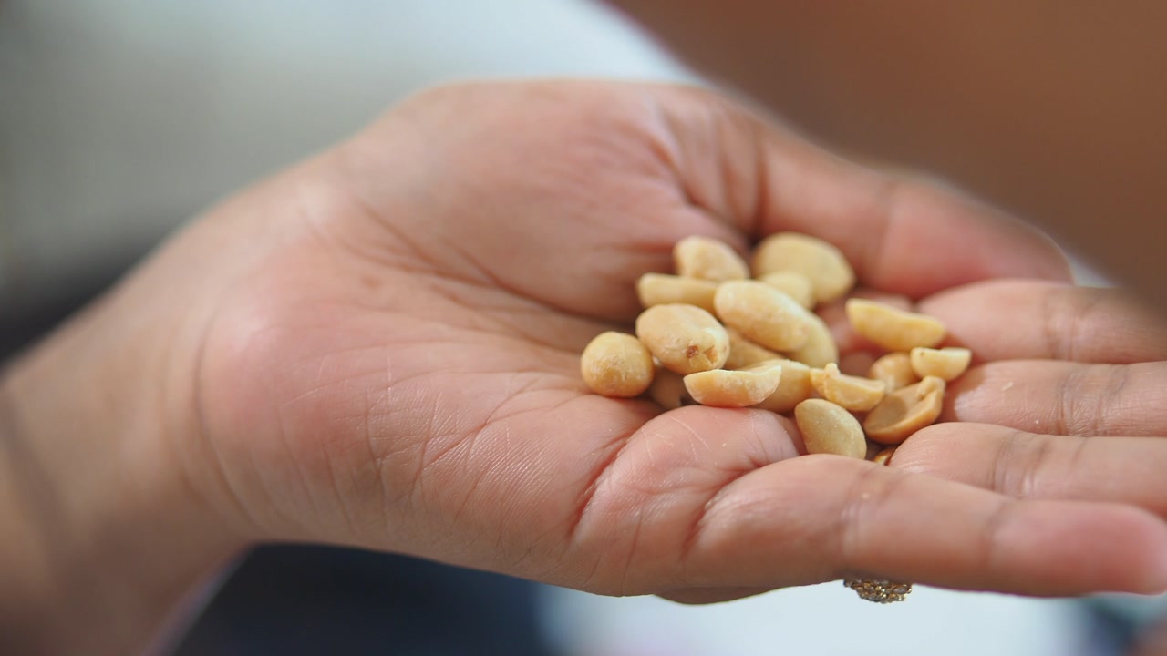 Close-up of Hand Picking Roasted Peanuts for a Snack