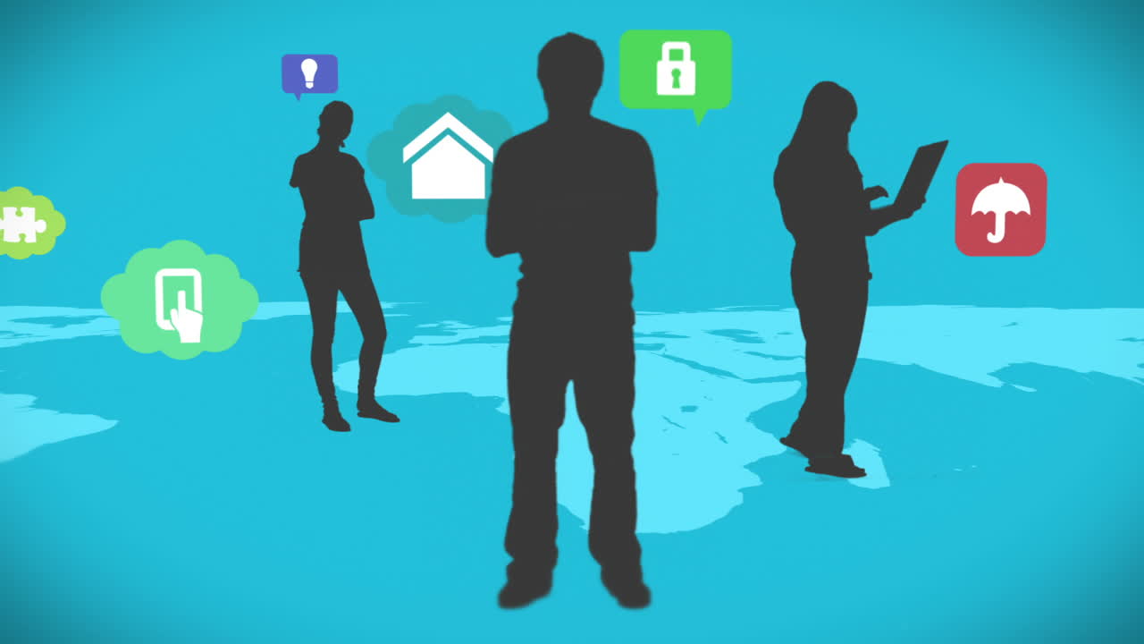 앱 아이콘으로 지도에 서 있는 캐주얼 사람들