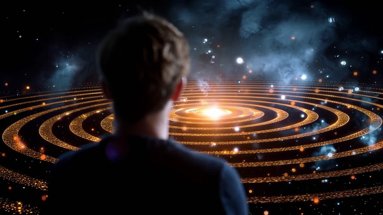 Una giovane figura si erge davanti a una spirale cosmica. Anelli dorati brillano nel vuoto stellato. Uno sguardo affascinato incontra una meraviglia celeste. Ideale per temi di fantascienza o spazio profondo