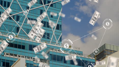 falling money and financial network animation over modern glass building