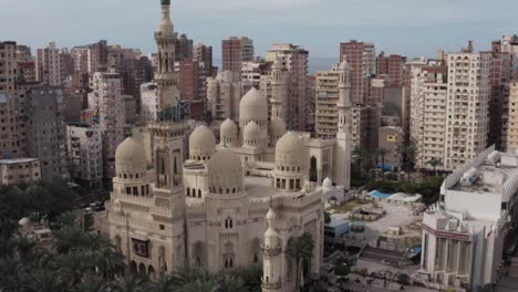 aerial drone shot over egypt alexandria city streets downtown