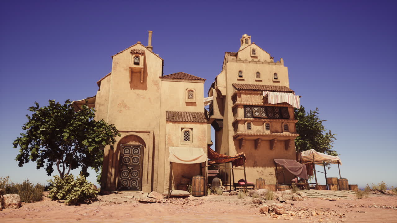 Negozio in adobe soleggiato con ceramiche, vetrina aperta ombreggiata da una tenda in tessuto