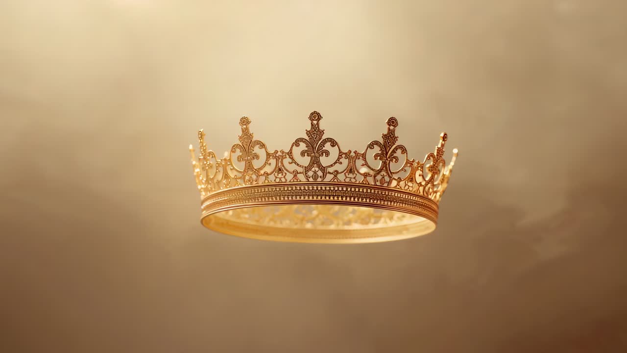 Hovering golden crown rotating, bobbing in studio haze, overhead light shifting, revealing filigree