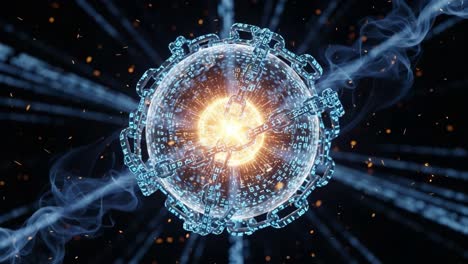 a mesmerizing digital energy core, surrounded by swirling data streams and ethereal smoke, showcasing the interplay between technology and vibrancy in a futuristic scene