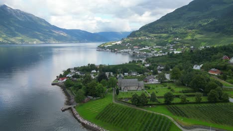 Ullensvang-Village-at-Hardangerfjord,-Vestland,-Norway---Aerial