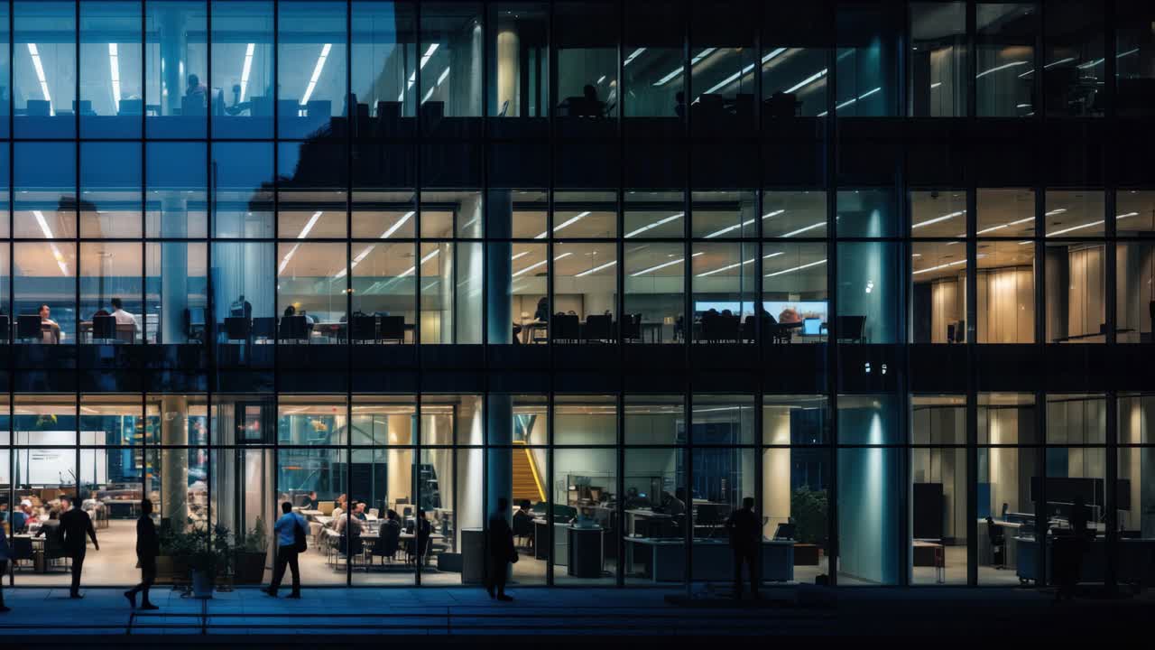 Wide-angle shot of a modern office building at night, showcasing illuminated interiors