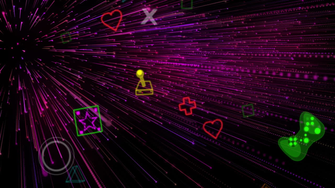 레트로 게임 아이콘 애니메이션 네온 빛 줄무 배경