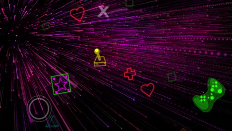 retro gaming icons animation over neon light streaks background