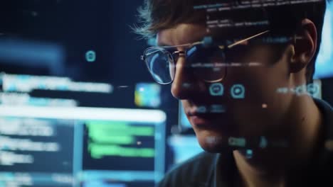 a focused cybersecurity specialist analyzes code and data, immersed in a digital environment filled with complex information and tech background