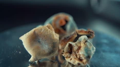 A-Macro-cinematic-shot-of-a-3-magical-psychoactive-psilocybin-hallucination-dried-mushroom-with-a-yellow-red-cap,-on-a-rotating-reflecting-stand,-studio-lighting,-Full-HD,-super-slow-motion-120-fps