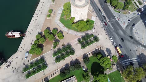 magnificent white tower in thessaloniki, greece - daytime drone view