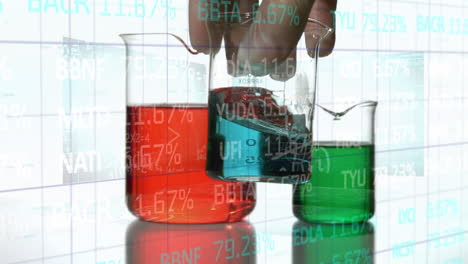animación del procesamiento de datos financieros sobre la mano de un trabajador de laboratorio vertiendo soluciones en vasos