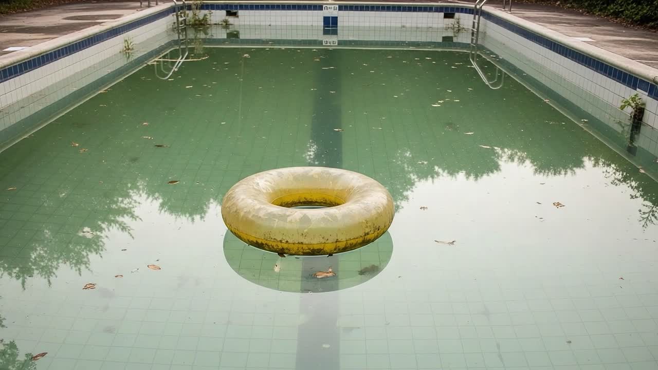 An Abandoned Pool Scene Depicting a Lonely Yellow Float in Still Water Surrounded by Overgrown Plants and Gentle Reflections from the Overcast Sky