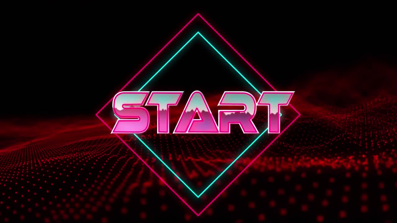 Animation of start text over geometrical moving shapes and wave