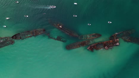 aerial: tangalooma shipwrecks moreton island australia, top down view