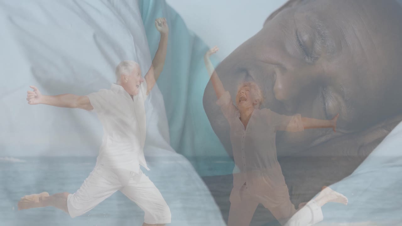 해변에서 행복한 시니어 백인 커플의 애니메이션 시니어 아프리카계 미국인 남자